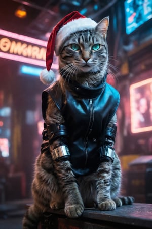 photograph, full body, wide shot, Cyborg 46 Monk (1cat) , cat is feeling lustful, it has Natural Bio Mechanical arms and large legs, dressed in techno Vest, her Vest is buttoned up, she has Black hair dreads, santa hat, Anklet, Browline glasses, complex electric christmas background, Panorama, Detailed illustration, Wonder, Ambient lighting, Orton effect, Cinestill 50, Selective focus,Extremely Realistic,monster,cyberpunk style,aw0k cat