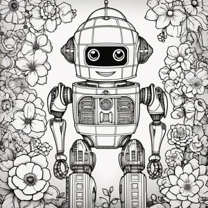 pathetic coloring book page, a happy cute robot, flowers (innocent grey)