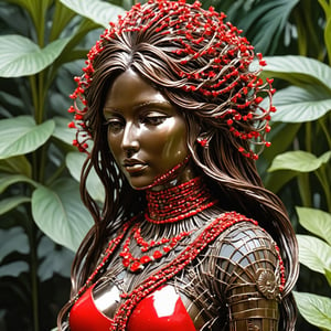 ((masterpiece)), (((best quality))), ((ultra-detailed)), beautiful sculpture of a woman made of bronze frame, pieces of ceramics, pieces of mirrors, red threads representing hair, with some plants coming out of this sculpture ,aw0k euphoric style,aw0k euphoricred style