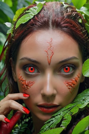 Extremely detailed close up photo of a woman standing above a rainforest, her eyes vibrant with a otherworldly beauty, UHD, highly detailed, detailed hands, aw0k euphoricred style,more detail XL,Movie Still, cinematic moviemaker style