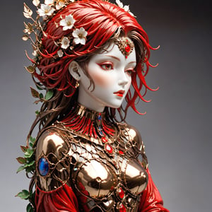 ((masterpiece)), (((best quality))), ((ultra-detailed)), beautiful  woman made of bronze frame, pieces of ceramics, pieces of mirrors, red threads representing hair, with some plants coming out of this sculpture ,aw0k euphoric style,aw0k euphoricred style