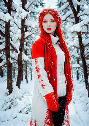 (masterpiece), (best quality), full body beautiful woman, winterwave aesthetics, red threads representing hair, snow, white and red elements,