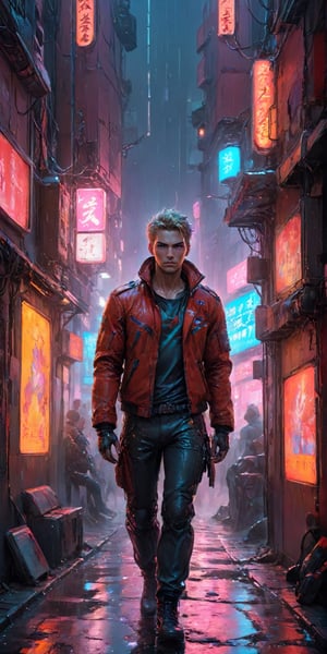 Generate hyper realistic image of a dynamic scene in a cyberpunk alley where neon lights illuminate a gritty, futuristic setting. Imagine characters engaged in a dramatic showdown, with rain-slicked streets reflecting the glow of holographic signs. Convey the tension and high-tech atmosphere of a cyberpunk noir confrontation.,aw0k euphoricred style,male,Movie Still