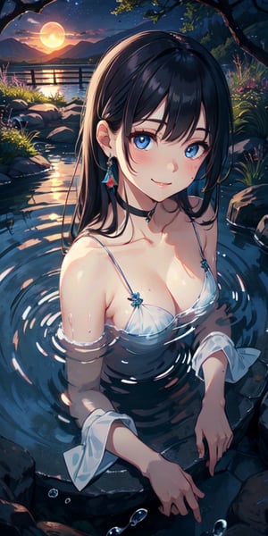 ((Masterpiece)), best quality, 8k, high quality, high resolution, super detailed, ultra detailed, photorealistic, beautiful and finely detailed face and eyes, ultra detailed and detailed skin texture, expressive eyes, 1 girl, elegant expression, (senko-ba hair), gentle blue eyes, flowing gown, hair ornaments, (hot spring), steam, serene stance, dreamy gaze, ((serene smile)), dusk, hot spring, mountains, moonlight, (underwater ritual), (magical night), since the love was found, Senko-bahime, senko-ba-like eyes, enchanted background.