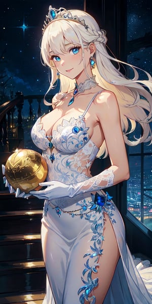 ((masterpiece)), best quality, 8k, high quality, high resolution, super detailed, ultra detailed, photorealistic, beautiful and finely detailed face and eyes, ultra detailed and detailed skin texture, expressive eyes, perfect face, 1 girl, long hair, (platinum blonde hair), sapphire eyes, hourglass figure, ball gown, satin gloves, (crystal tiara), elegant updo, descending a grand staircase, regal expression, ((queenly smile)), night, palace ballroom, chandeliers, grand staircase, (making a grand entrance), (starry night), since evening, Isabella, regal eyes, royal ball background.