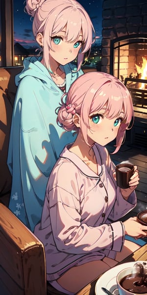 ((masterpiece)), best quality, 8k, high quality, high resolution, super detailed, ultra detailed, photorealistic, beautiful and finely detailed face and eyes, ultra detailed and detailed skin texture, expressive eyes, perfect face, 1 girl, messy bun, (pastel pink hair), aqua eyes, curvy figure, pajamas, no gloves, (mug of hot cocoa), blanket, cozy on a couch, content expression, ((contented sigh)), evening, living room, fireplace, (sipping cocoa), (crackling fire), since sunset, Willow, contented eyes, cozy evening background.