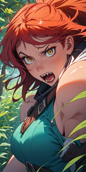 ((masterpiece)), best quality, 8k, high quality, high resolution, super detailed, ultra detailed, photorealistic, ferocious and finely detailed face and eyes, ultra detailed and detailed skin texture, feral eyes, perfect face, 1 girl, wild crimson hair, (feral attire), amber eyes, (bestial aura), surrounded by eerie forest shadows, holding a cursed blade, fierce expression, ((feral snarl)), night, haunted woods, rustling leaves, primal ambiance, (howling winds), (eerie growls), since ancient times, Oni, feral eyes, background of haunted forest.