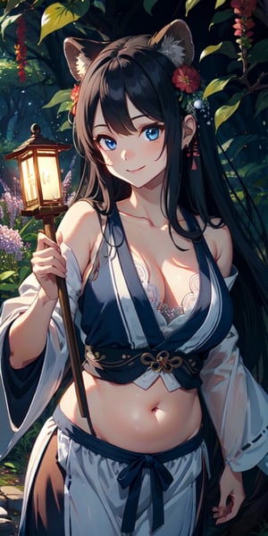 ((Masterpiece)), best quality, 8k, high quality, high resolution, super detailed, ultra detailed, photorealistic, beautiful and finely detailed face and eyes, ultra detailed and detailed skin texture, expressive eyes, 1 girl, wise expression, (tanuki belly), mischievous blue eyes, flowing gown, staff, (tanuki lantern), wisdom, wise stance, discerning gaze, ((knowing smile)), dawn, forest, towering trees, dew-covered flowers, (nature ritual), (magical day), since the spell was cast, Tanukihime, tanuki-like eyes, enchanted background.