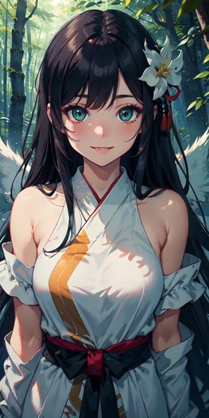 ((Masterpiece)), best quality, 8k, high quality, high resolution, super detailed, ultra detailed, photorealistic, beautiful and finely detailed face and eyes, ultra detailed and detailed skin texture, expressive eyes, 1 girl, compassionate expression, (tengu wings), gentle green eyes, flowing hair, bare shoulders, (forest clearing), birds, compassionate stance, caring gaze, ((warm smile)), dusk, forest, towering trees, dew-covered flowers, (nature ritual), (magical day), since the creature was saved, Tenguhime, tengu-like eyes, enchanted background.