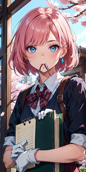 ((masterpiece)), best quality, 8k, high quality, high resolution, super detailed, ultra detailed, photorealistic, beautiful and finely detailed face and eyes, perfect hands, ultra detailed and detailed skin texture, expressive eyes, perfect face, 1 girl, bobbed hair, (cherry blossom pink hair), cerulean eyes, petite frame, school uniform, white gloves, (book and quill), traditional classroom, taking notes, studious expression, ((focused mouth)), morning, school, chalkboard, (taking notes), (morning light), since sunrise, Sakura, studious eyes, academic background.

