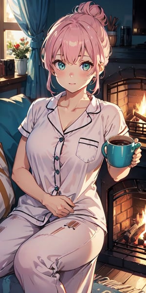 ((masterpiece)), best quality, 8k, high quality, high resolution, super detailed, ultra detailed, photorealistic, beautiful and finely detailed face and eyes, ultra detailed and detailed skin texture, expressive eyes, perfect face, 1 girl, messy bun, (pastel pink hair), aqua eyes, curvy figure, pajamas, no gloves, (mug of hot cocoa), blanket, cozy on a couch, content expression, ((contented sigh)), evening, living room, fireplace, (sipping cocoa), (crackling fire), since sunset, Willow, contented eyes, cozy evening background.