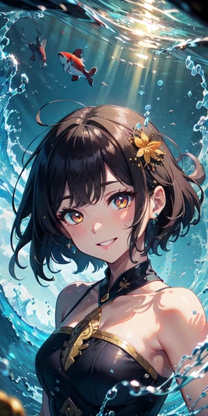 ((Masterpiece)), best quality, 8k, high quality, high resolution, super detailed, ultra detailed, photorealistic, beautiful and finely detailed face and eyes, ultra detailed and detailed skin texture, expressive eyes, 1 girl, cheerful expression, (kappa shell), mischievous golden eyes, flowing hair, bare shoulders, (riverbank), koi fish, carefree stance, carefree gaze, ((beaming smile)), dusk, river, crashing waves, moonlight, (underwater ritual), (magical night), since the day was saved, Kappahime, kappa-like eyes, enchanted background.