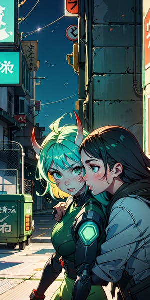 oni, demon girl, cybernetic facial scars, neon horns, indigo hair, futuristic, luminous ((green skin)), urban alley, leaning against wall, people-watching, detailed face, energy gauntlets, sleek leggings, wholesome