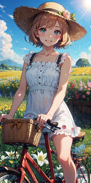 ((masterpiece)), best quality, 8k, high quality, high resolution, super detailed, ultra detailed, photorealistic, beautiful and finely detailed face and eyes, ultra detailed and detailed skin texture, expressive eyes, perfect face, 1 girl, pixie cut, (rose-gold hair), hazel eyes, petite frame, sundress, no gloves, (bicycle), sun hat, riding a bike, carefree expression, ((wide smile)), sunny, countryside road, flower fields, picnic basket, (enjoying a ride), (clear sky), since morning, Lily, carefree eyes, rural background.