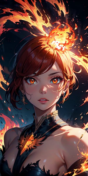 ((masterpiece)), best quality, 8k, high quality, high resolution, super detailed, ultra detailed, photorealistic, beautiful and finely detailed face and eyes, ultra detailed and detailed skin texture, expressive eyes, enchanting beauty, 1 girl, fiery mane, (phoenix hair), fiery orange eyes, fiery wings, blazing gown, (eternal flame), phoenix rebirth, (burning destiny), phoenix queen, ((fiery determination)), scorching desert, erupting volcanoes, ash-filled skies, (rising from ashes), (blazing), since the dawn of creation, Pyrrha, fiery eyes, elemental background.