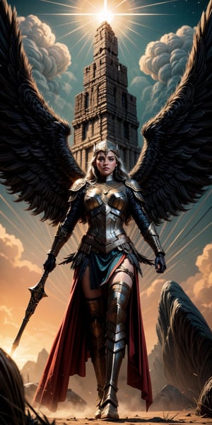 In the Realm of Asgard, Emitting a Divine Glow, Emerging from the Sun Rays, Eyes Sparkling with Heroic Valor, Additional Eyes Scanning from the Fallen Heroes, Wrapped in Honor, The Valkyrie, Wings of Glory, Bold Gaze, Draped in Epic Armor