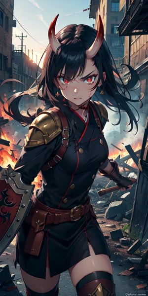 ((Masterpiece)), best quality, 8k, high quality, high resolution, super detailed, ultra detailed, photorealistic, beautiful and finely detailed face and eyes, ultra detailed and detailed skin texture, expressive eyes, 1 girl, powerful expression, (oni horns), fierce red eyes, leather armor, gauntlets, (oni club), shield, commanding stance, piercing gaze, ((fierce glare)), noon, battlefield, burning ruins, broken weapons, (war ritual), (bloody day), since the battle was won, Onihime, oni-like eyes, warlike background.