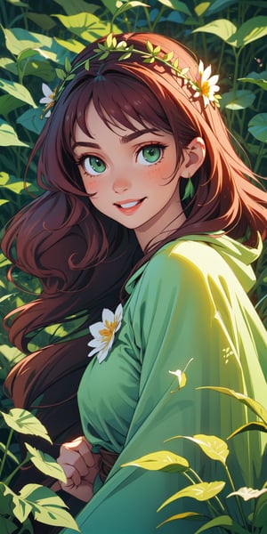 ((masterpiece)), best quality, 8k, high quality, high resolution, super detailed, ultra detailed, photorealistic, verdant and finely detailed face and eyes, ultra detailed and detailed skin texture, earthy eyes, perfect face, 1 girl, flowing auburn hair, (earthen gown), forest green eyes, (floral crown), (natural aura), surrounded by lush foliage, serene expression, ((gentle smile)), day, enchanted forest, dappled sunlight, nature's embrace, (birdsong), (rustling leaves), since ancient times, Gaia, earthy eyes, background of lush forest.