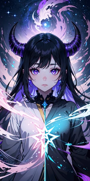 oni, demon girl, ethereal scars on face, twisted horns, midnight black hair, otherworldly, iridescent ((violet skin)), astral plane, hovering among stars, transcendent meditation, detailed face, spectral staff, flowing robes, wholesome