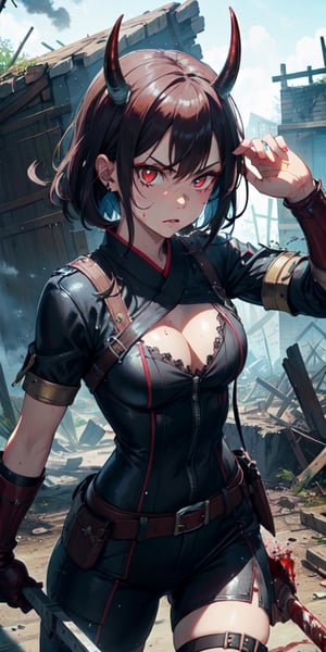 ((Masterpiece)), best quality, 8k, high quality, high resolution, super detailed, ultra detailed, photorealistic, beautiful and finely detailed face and eyes, ultra detailed and detailed skin texture, expressive eyes, 1 girl, powerful expression, (oni horns), fierce red eyes, leather armor, gauntlets, (oni club), shield, commanding stance, piercing gaze, ((fierce glare)), noon, battlefield, burning ruins, broken weapons, (war ritual), (bloody day), since the battle was won, Onihime, oni-like eyes, warlike background.