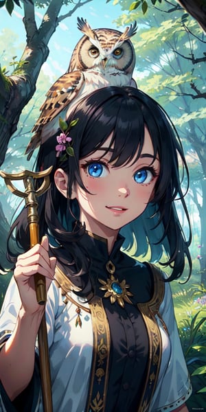 ((Masterpiece)), best quality, 8k, high quality, high resolution, super detailed, ultra detailed, photorealistic, beautiful and finely detailed face and eyes, ultra detailed and detailed skin texture, expressive eyes, 1 girl, wise expression, (owl feathers), wise blue eyes, flowing gown, staff, (owl tree), wisdom, wise stance, discerning gaze, ((knowing smile)), dawn, forest, towering trees, dew-covered flowers, (nature ritual), (magical day), since the spell was cast, Athena, owl-like eyes, enchanted background.