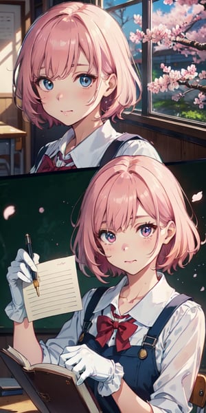 ((masterpiece)), best quality, 8k, high quality, high resolution, super detailed, ultra detailed, photorealistic, beautiful and finely detailed face and eyes, perfect hands, ultra detailed and detailed skin texture, expressive eyes, perfect face, 1 girl, bobbed hair, (cherry blossom pink hair), cerulean eyes, petite frame, school uniform, white gloves, (book and quill), traditional classroom, taking notes, studious expression, ((focused mouth)), morning, school, chalkboard, (taking notes), (morning light), since sunrise, Sakura, studious eyes, academic background.

