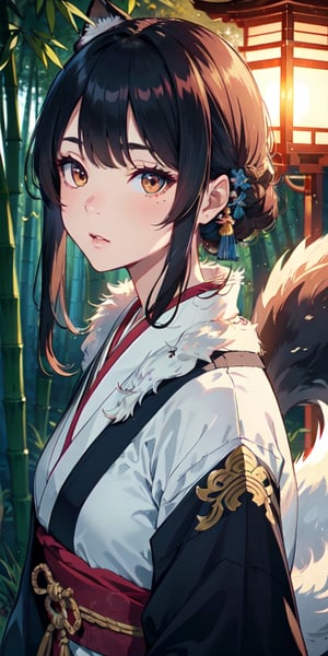 ((masterpiece)), best quality, 8k, high quality, high resolution, super detailed, ultra detailed, photorealistic, beautiful and finely detailed face and eyes, ultra detailed and detailed skin texture, expressive eyes, 1 girl, dual tails, (kitsune hair), enigmatic eyes, silken kimono, (enchanted fan), kitsune mischief, (shapeshifting tricks), kitsune enchantress, ((mysterious allure)), moonlit forest, bamboo grove, mystical shrines, (weaving illusions), (tranquil), since time immemorial, Akari, enigmatic eyes, Japanese folklore background.