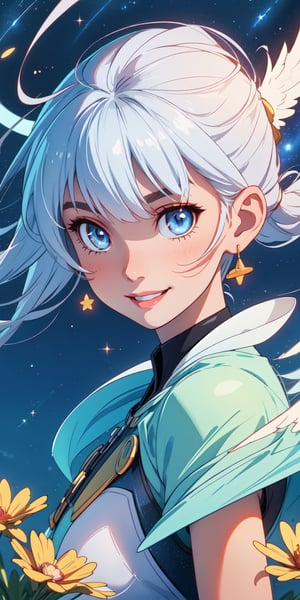 ((masterpiece)), best quality, 8k, high quality, high resolution, super detailed, ultra detailed, photorealistic, ethereal and finely detailed face and eyes, ultra detailed and detailed skin texture, airy eyes, perfect face, 1 girl, wispy silver hair, (celestial attire), celestial blue eyes, (feathered wings), (celestial aura), floating amidst the starlit sky, distant galaxies above, serene expression, ((tranquil smile)), night, cosmic expanse, shimmering stars, celestial majesty, (twinkling constellations), (cosmic quiet), since cosmic inception, Aelora, airy eyes, background of starlit cosmos.