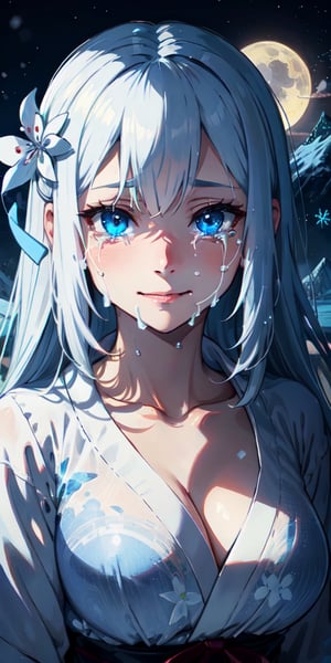 ((Masterpiece)), best quality, 8k, high quality, high resolution, super detailed, ultra detailed, photorealistic, beautiful and finely detailed face and eyes, ultra detailed and detailed skin texture, expressive eyes, 1 girl, tragic expression, (yuki-onna hair), sorrowful white eyes, flowing gown, ice, (yuki-onna spirit), rebirth, sorrowful stance, mournful gaze, ((tearful smile)), midnight, mountain, snow-capped peaks, moonlight, (forbidden ritual), (cursed night), since the love was lost, Yuki-onnahime, yuki-onna-like eyes, enchanted background.