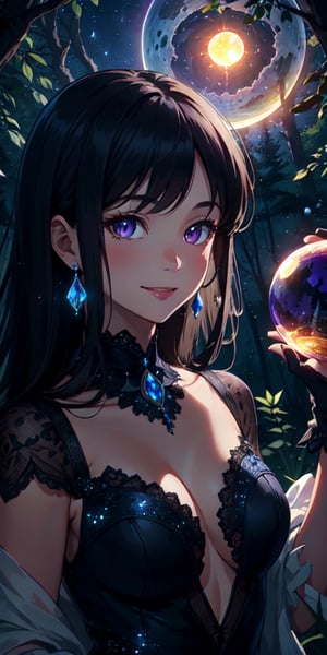 ((masterpiece)), best quality, 8k, high quality, high resolution, super detailed, ultra detailed, photorealistic, perfect hands, beautiful and finely detailed face and eyes, ultra detailed and detailed skin texture, expressive eyes, perfect face, 1 girl, flowing hair, (midnight black hair), amethyst eyes, ethereal figure, flowing gown, lace gloves, (crystal ball), mystical forest, divination, mystical expression, ((mystical smile)), night, enchanted glade, moonlight, (gazing into the future), (enchanted atmosphere), since twilight, Seraphina, mystical eyes, magical background.

