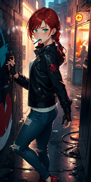 ((masterpiece)), best quality, 8k, high quality, high resolution, super detailed, ultra detailed, photorealistic, beautiful and finely detailed face and eyes, ultra detailed and detailed skin texture, expressive eyes, perfect face, 1 girl, dreadlocks, (fire-engine red hair), piercing green eyes, slender build, leather jacket, fingerless gloves, (graffiti spray can), ripped jeans, graffiti wall background, creating street art, intense expression, ((determined mouth)), night, urban alleyway, street art, (spraying graffiti), (neon lights), since twilight, Ember, rebellious eyes, urban street art background.