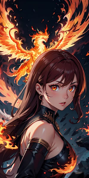 ((masterpiece)), best quality, 8k, high quality, high resolution, super detailed, ultra detailed, photorealistic, beautiful and finely detailed face and eyes, ultra detailed and detailed skin texture, expressive eyes, enchanting beauty, 1 girl, fiery mane, (phoenix hair), fiery orange eyes, fiery wings, blazing gown, (eternal flame), phoenix rebirth, (burning destiny), phoenix queen, ((fiery determination)), scorching desert, erupting volcanoes, ash-filled skies, (rising from ashes), (blazing), since the dawn of creation, Pyrrha, fiery eyes, elemental background.