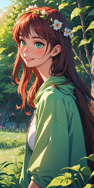 ((masterpiece)), best quality, 8k, high quality, high resolution, super detailed, ultra detailed, photorealistic, verdant and finely detailed face and eyes, ultra detailed and detailed skin texture, earthy eyes, perfect face, 1 girl, flowing auburn hair, (earthen gown), forest green eyes, (floral crown), (natural aura), surrounded by lush foliage, serene expression, ((gentle smile)), day, enchanted forest, dappled sunlight, nature's embrace, (birdsong), (rustling leaves), since ancient times, Gaia, earthy eyes, background of lush forest.