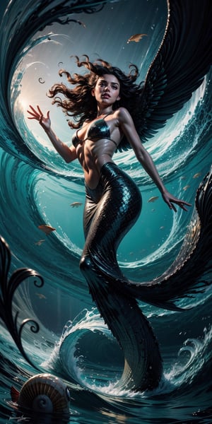 In the Depths of the Sea, Emitting a Hypnotic Light, Rising from the Foamy Waves, Eyes Sparkling with Maritime Charm, Additional Eyes Lurking from the Currents, Wrapped in Mystery, The Mermaid, Shell Wings, Seductive Song, Covered in Mother-of-Pearl Scales