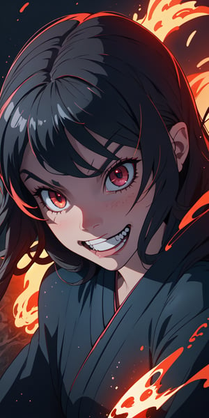 ((masterpiece)), best quality, 8k, high quality, high resolution, super detailed, ultra detailed, photorealistic, malevolent and finely detailed face and eyes, ultra detailed and detailed skin texture, demonic eyes, perfect face, 1 girl, onyx-black hair, (onyx-black kimono), crimson eyes, (sinister aura), surrounded by flickering black flames, a cursed talisman in hand, ominous expression, ((malevolent grin)), night, shadowy realm, swirling darkness, ominous ambiance, (whispering shadows), (sinister whispers), since time immemorial, Akuma, demonic eyes, background of ominous darkness.