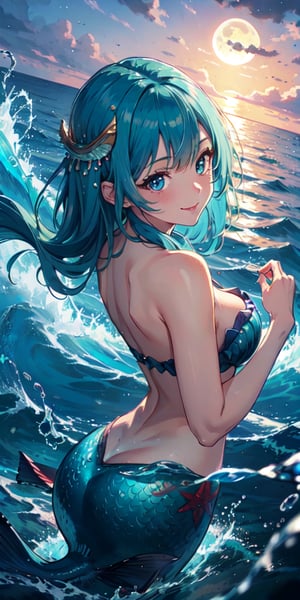 ((Masterpiece)), best quality, 8k, high quality, high resolution, super detailed, ultra detailed, photorealistic, beautiful and finely detailed face and eyes, ultra detailed and detailed skin texture, expressive eyes, 1 girl, graceful expression, (mermaid tail), sparkling blue eyes, flowing hair, bare shoulders, (ocean waves), dolphins, serene stance, dreamy gaze, ((serene smile)), dusk, beach, crashing waves, moonlight, (underwater ritual), (magical night), since the love was found, Ariel, mermaid-like eyes, enchanted background.