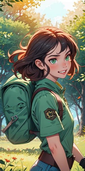 ((masterpiece)), best quality, 8k, high quality, high resolution, super detailed, ultra detailed, photorealistic, beautiful and finely detailed face and eyes, ultra detailed and detailed skin texture, expressive eyes, perfect face, 1 girl, messy hair, (plaid shirt), green eyes, tomboyish look, ripped jeans, no gloves, (map), backpack, hiking uphill, determined expression, ((gritty smile)), day, lush forest, towering trees, adventurous vibe, (sun rays), (rustling leaves), since morning, Katniss, fierce eyes, "The Hunger Games" inspired background.