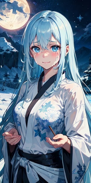 ((Masterpiece)), best quality, 8k, high quality, high resolution, super detailed, ultra detailed, photorealistic, beautiful and finely detailed face and eyes, ultra detailed and detailed skin texture, expressive eyes, 1 girl, tragic expression, (yuki-onna hair), sorrowful white eyes, flowing gown, ice, (yuki-onna spirit), rebirth, sorrowful stance, mournful gaze, ((tearful smile)), midnight, mountain, snow-capped peaks, moonlight, (forbidden ritual), (cursed night), since the love was lost, Yuki-onnahime, yuki-onna-like eyes, enchanted background.