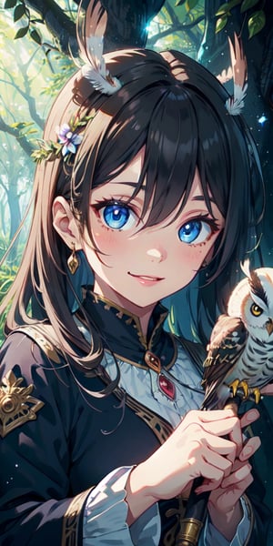 ((Masterpiece)), best quality, 8k, high quality, high resolution, super detailed, ultra detailed, photorealistic, beautiful and finely detailed face and eyes, ultra detailed and detailed skin texture, expressive eyes, 1 girl, wise expression, (owl feathers), wise blue eyes, flowing gown, staff, (owl tree), wisdom, wise stance, discerning gaze, ((knowing smile)), dawn, forest, towering trees, dew-covered flowers, (nature ritual), (magical day), since the spell was cast, Athena, owl-like eyes, enchanted background.