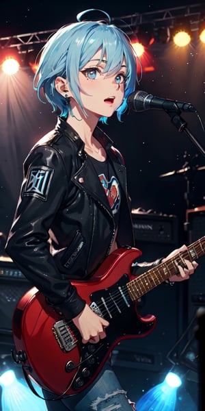 ((masterpiece)), best quality, 8k, high quality, high resolution, super detailed, ultra detailed, photorealistic, beautiful and finely detailed face and eyes, ultra detailed and detailed skin texture, expressive eyes, perfect face, 1 girl, short hair, (icy blue hair), silver eyes, androgynous appearance, leather jacket, fingerless gloves, (electric guitar), ripped jeans, performing on stage, energetic expression, ((rocking out)), night, concert stage, spotlights, (shredding guitar), (pyrotechnics), since nightfall, Jordan, rockstar eyes, concert background.