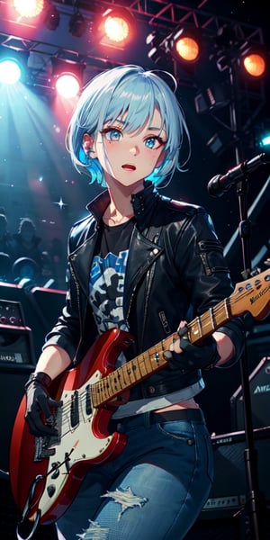 ((masterpiece)), best quality, 8k, high quality, high resolution, super detailed, ultra detailed, photorealistic, beautiful and finely detailed face and eyes, ultra detailed and detailed skin texture, expressive eyes, perfect face, 1 girl, short hair, (icy blue hair), silver eyes, androgynous appearance, leather jacket, fingerless gloves, (electric guitar), ripped jeans, performing on stage, energetic expression, ((rocking out)), night, concert stage, spotlights, (shredding guitar), (pyrotechnics), since nightfall, Jordan, rockstar eyes, concert background.