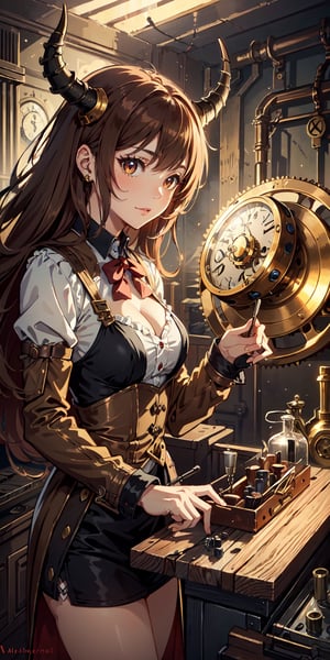 oni, demon girl, clockwork facial implants, cog-shaped horns, auburn hair, steampunk, brass ((copper skin)), industrial workshop, inventing contraptions, blending magic and machinery, detailed face, gearblade, steampunk ensemble, wholesome