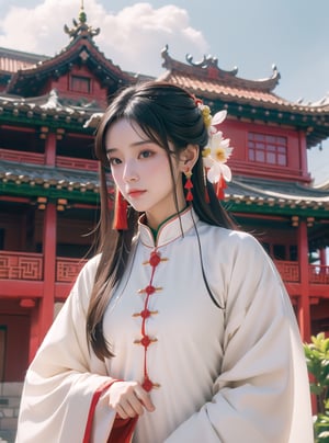 1girl, solo, hair ornament, long hair, black hair, flower, chinese clothes, earrings, long sleeves, dress, cloud of surrounding, red mansion, play quqin, red hanfu, ornament, chakra, , mythical clouds, ,urban techwear, realistic, detailed face,