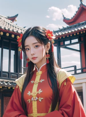 1girl, solo, hair ornament, long hair, black hair, flower, chinese clothes, earrings, long sleeves, dress, cloud of surrounding, red mansion, play quqin, red hanfu, ornament, chakra, , mythical clouds, ,urban techwear, realistic, detailed face,