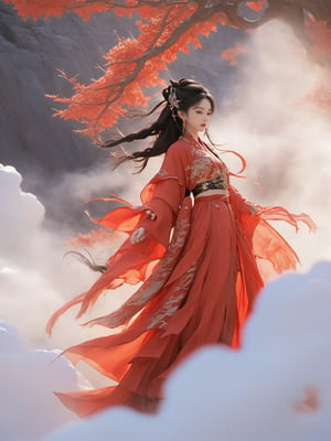 1girl, solo, hair ornament, jewelry, long hair, black hair, red lotus on lava, chinese clothes, earrings, long sleeves, dress, cloud of surrounding, building from afar, fire bird, suzaku, phoenix, red  hanfu, ornament, chakra, 
,mythical clouds,daxiushan, realistic, ,xxmixgirl,3d figure,EpicSky,daxiushan style,Leonardo Style