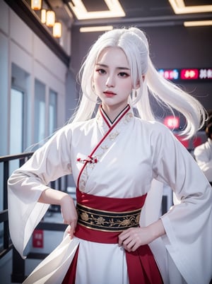 white hair, 20 years old, women, elegant, xian xia, martial art  school, detailed arena, fighting, spectator, hanfu, 