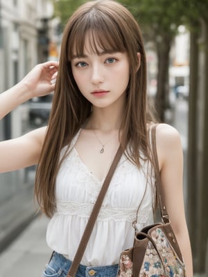 (((masterpiece))), (((best quality))), ((ultra-detailed)), (1 girl), (solo), street fashion, street photoshoot, casual wear, girl hand bag, summer clothes, (japanese:1,european:0.5), ((an extremely delicate and beautiful)),age 20, beautiful detailed eyes, 