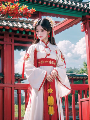 1girl, solo, hair ornament, long hair, black hair, flower, chinese clothes, earrings, long sleeves, dress, cloud of surrounding, red mansion, play quqin, red hanfu, ornament, chakra, , mythical clouds, 