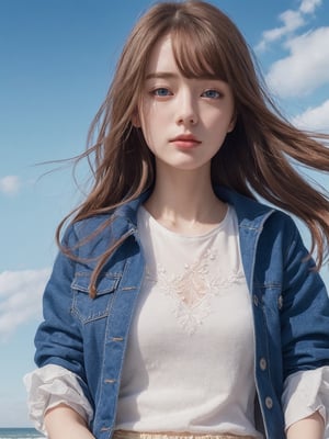 (((masterpiece))), (((best quality))), ((ultra-detailed)), (1 girl), (solo), blue jacket, red t shirt, white skirt,(japanese:1,european:0.5), ((an extremely delicate and beautiful)),age 20, ((beautiful detailed sky)), beautiful detailed eyes, beach, 