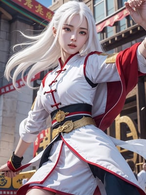 white hair, 20 years old, women, heroic, xian xia, martial art sect, ancient school, detailed arena, fighting, spectator, 